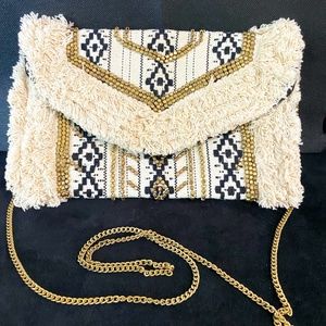 Antik Kraft Jaquard Boho Gold Beaded Clutch Cross Body Geometric